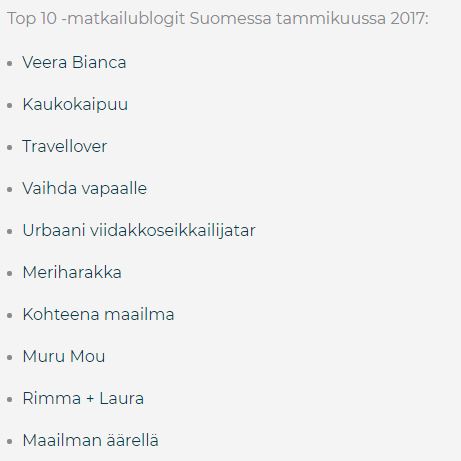 Vuoden 2017 matkablogit