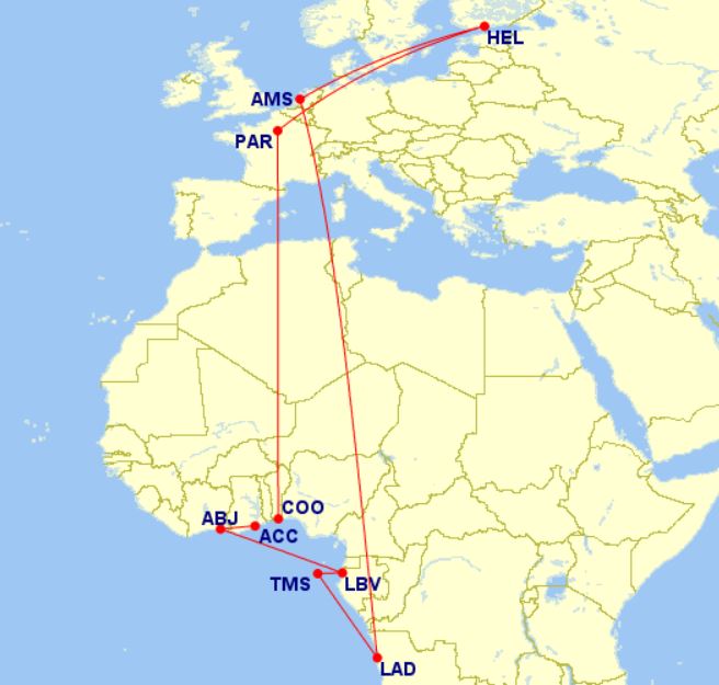 Guineanlahden kiertomatka lennot: hel-par-coo, acc-abj-lbv-tms-lad-ams-hel