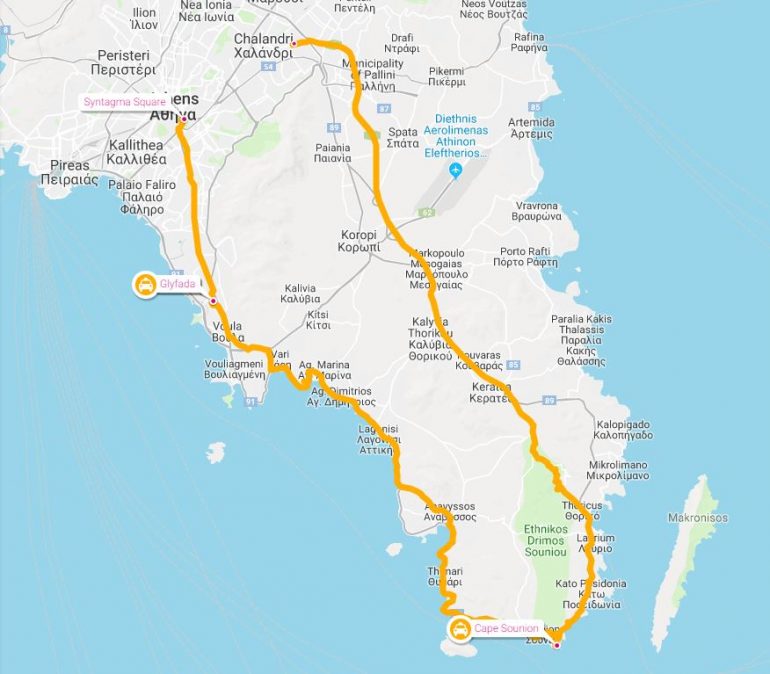 Cape Sounion retki kartta Cape Sounion ja Poseidonin temppeli